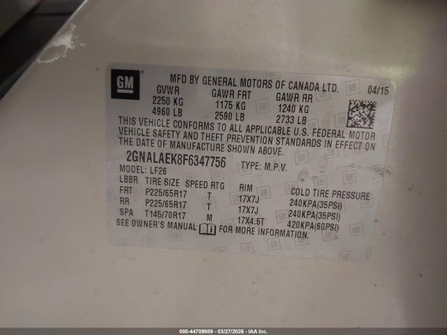 44709889 :رقم المزاد ، 2GNALAEK8F6347756 vin ، 2015 Chevrolet Equinox Ls مزاد بيع