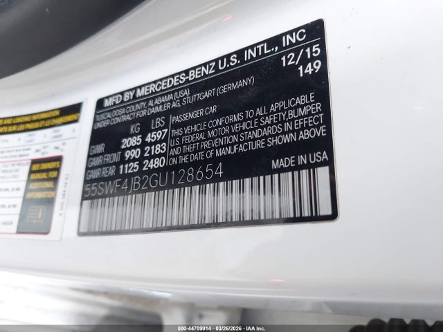 Aukcja sprzedaży 2016 Mercedes-benz C 300, vin: 55SWF4JB2GU128654, numer aukcji: 44709914