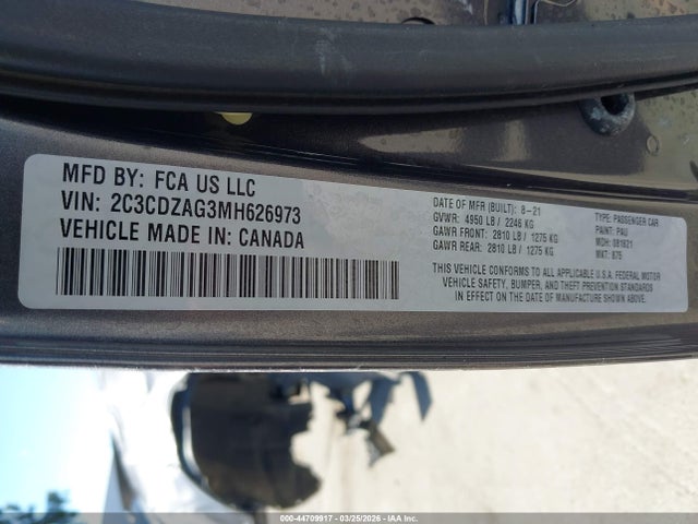 Продажа на аукционе авто 2021 Dodge Challenger Sxt, vin: 2C3CDZAG3MH626973, номер лота: 44709917