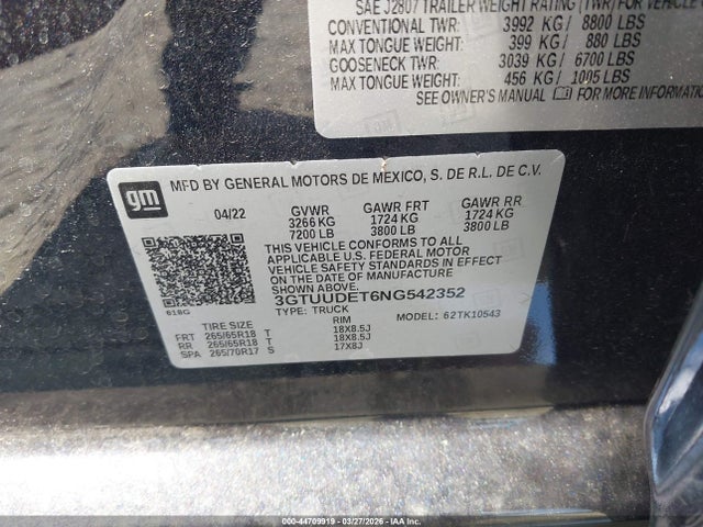 Aukcja sprzedaży 2022 Gmc Sierra 1500 4wd  Short Box Slt, vin: 3GTUUDET6NG542352, numer aukcji: 44709919