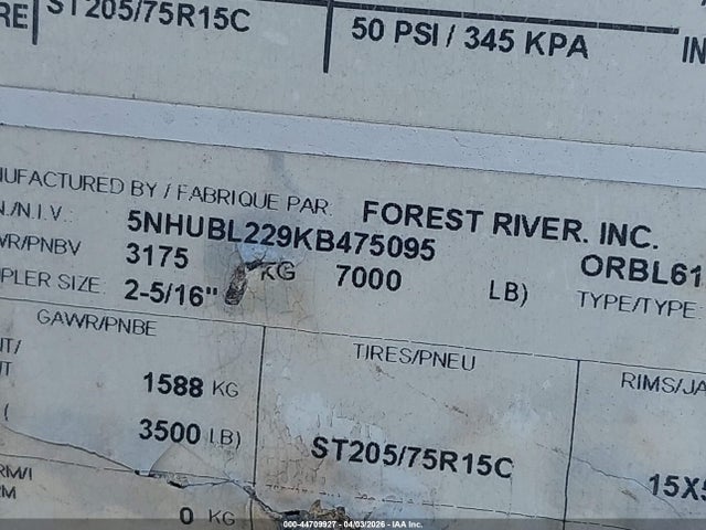 5NHUBL229KB475095 Forest River Blazer 6x12 Ta