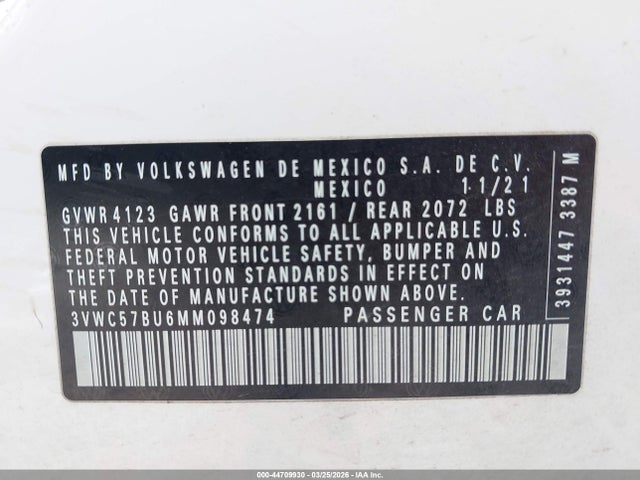 44709930 :رقم المزاد ، 3VWC57BU6MM098474 vin ، 2021 Volkswagen Jetta 1.4t R-line/1.4t S/1.4t Se مزاد بيع