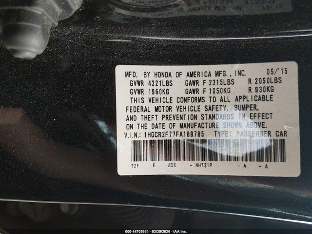 Honda ACCORD EX 2015 1HGCR2F77FA189785 Image 9