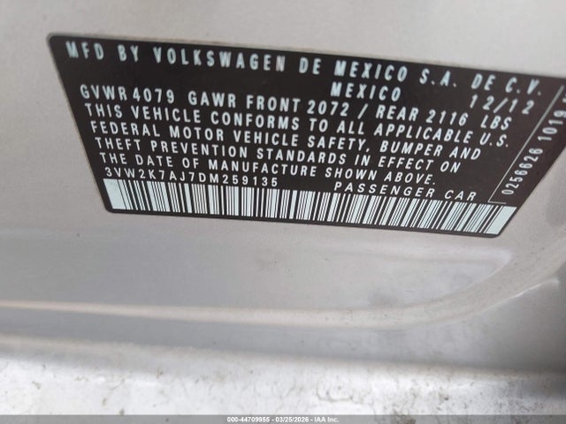 Aukcja sprzedaży 2013 Volkswagen Jetta 2.0l S, vin: 3VW2K7AJ7DM259135, numer aukcji: 44709955