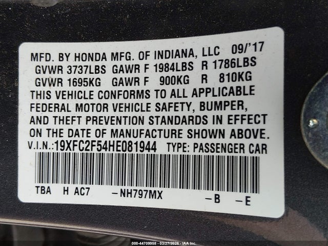 Honda Civic Lx 2017 19XFC2F54HE081944 Image 9