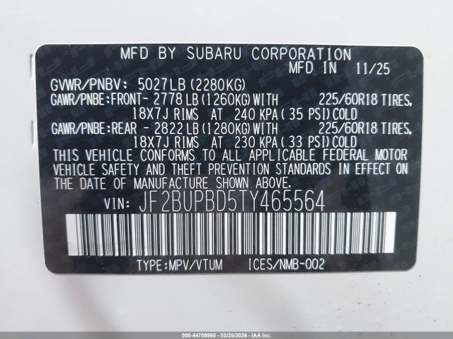 Aukcja sprzedaży 2026 Subaru Outback Premium, vin: JF2BUPBD5TY465564, numer aukcji: 44709960