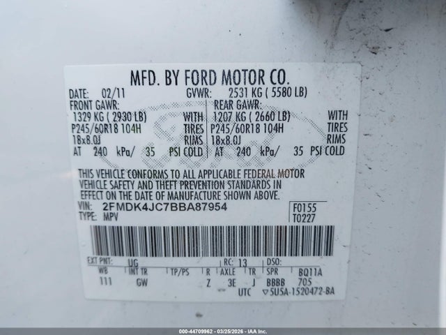 Aukcja sprzedaży 2011 Ford Edge Sel, vin: 2FMDK4JC7BBA87954, numer aukcji: 44709962