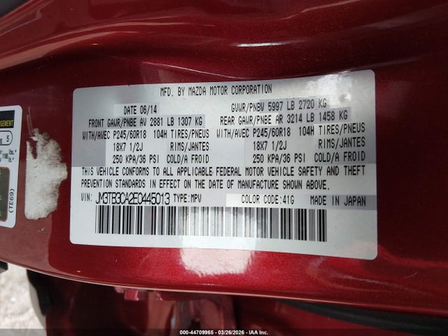 44709965 :رقم المزاد ، JM3TB3CA2E0445013 vin ، 2014 Mazda Cx-9 Touring مزاد بيع