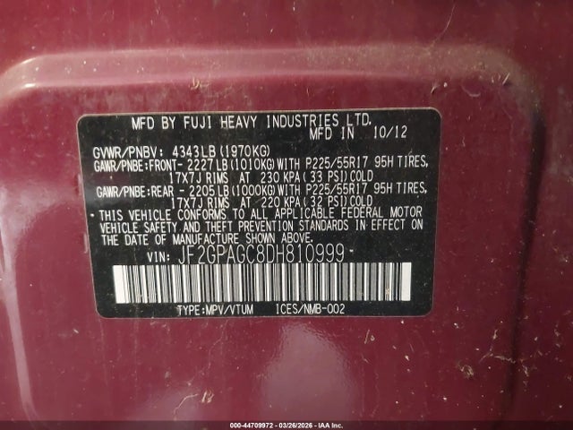 Aukcja sprzedaży 2013 Subaru Xv Crosstrek 2.0i Limited, vin: JF2GPAGC8DH810999, numer aukcji: 44709972