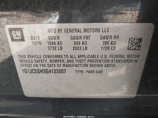 Продаж на аукціоні авто 2016 Chevrolet Sonic Lt Auto, vin: 1G1JC5SH3G4123007, номер лоту: 44709973