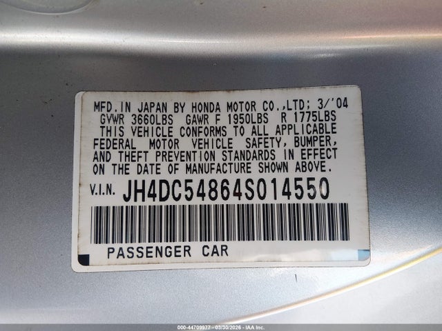 2004 Acura Rsx მანქანა იყიდება აუქციონზე, vin: JH4DC54864S014550, აუქციონის ნომერი: 44709977
