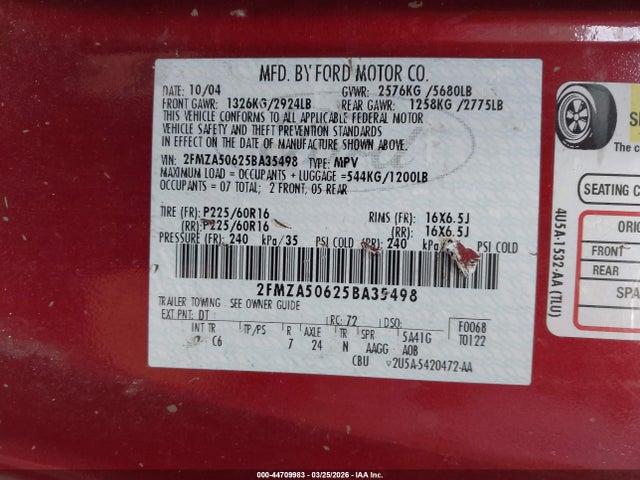 44709983 :رقم المزاد ، 2FMZA50625BA35498 vin ، 2005 Ford Freestar S مزاد بيع