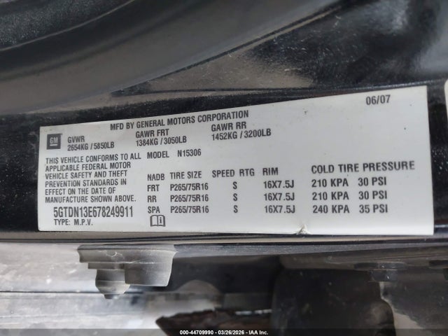 44709990 :رقم المزاد ، 5GTDN13E678249911 vin ، 2007 Hummer H3 Suv مزاد بيع