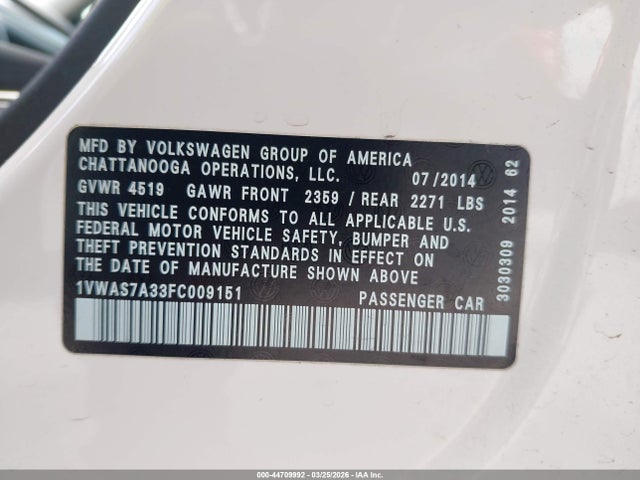 Продажа на аукционе авто 2015 Volkswagen Passat 1.8t S, vin: 1VWAS7A33FC009151, номер лота: 44709992