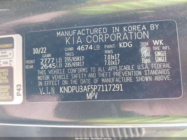 44710014 :رقم المزاد ، KNDPU3AF5P7117291 vin ، 2023 Kia Sportage Lx مزاد بيع
