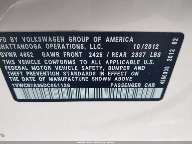 2013 Volkswagen Passat 2.0l Tdi Sel Premium მანქანა იყიდება აუქციონზე, vin: 1VWCN7A35DC051138, აუქციონის ნომერი: 44710018
