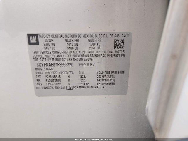 Aukcja sprzedaży 2015 Cadillac Srx Standard, vin: 3GYFNAE37FS555320, numer aukcji: 44710024