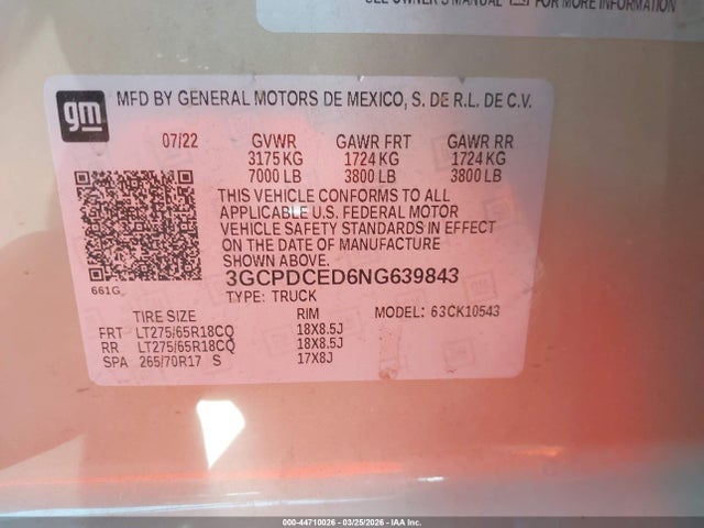 Продажа на аукционе авто 2022 Chevrolet Silverado 1500 4wd  Short Bed Custom Trail Boss, vin: 3GCPDCED6NG639843, номер лота: 44710026