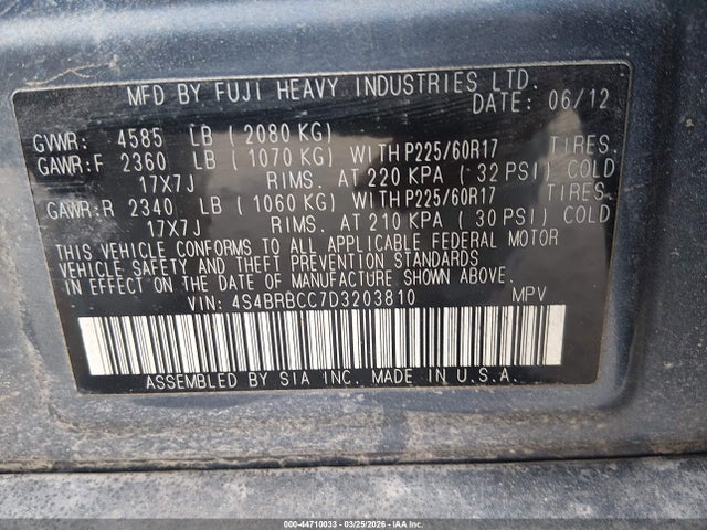 2013 Subaru Outback 2.5i Premium მანქანა იყიდება აუქციონზე, vin: 4S4BRBCC7D3203810, აუქციონის ნომერი: 44710033