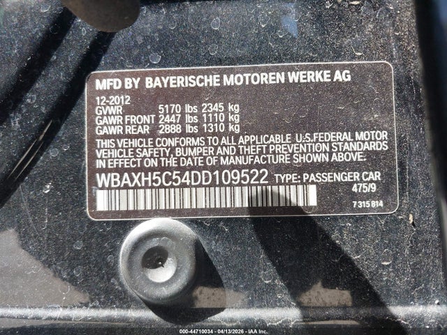 44710034 :رقم المزاد ، WBAXH5C54DD109522 vin ، 2013 Bmw 528i Xdrive مزاد بيع
