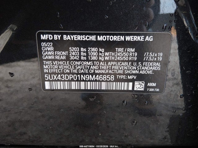 44710054 :رقم المزاد ، 5UX43DP01N9M46858 vin ، 2022 Bmw X3 Sdrive30i مزاد بيع