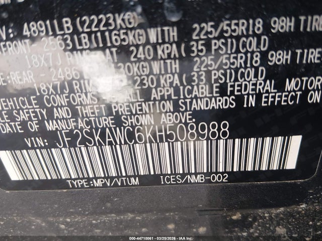 2019 Subaru Forester Touring მანქანა იყიდება აუქციონზე, vin: JF2SKAWC6KH508988, აუქციონის ნომერი: 44710061