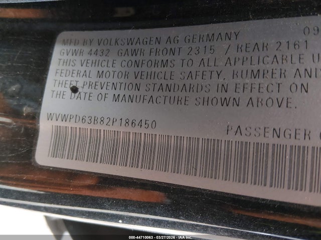44710063 :رقم المزاد ، WVWPD63B82P186450 vin ، 2002 Volkswagen Passat Gls مزاد بيع