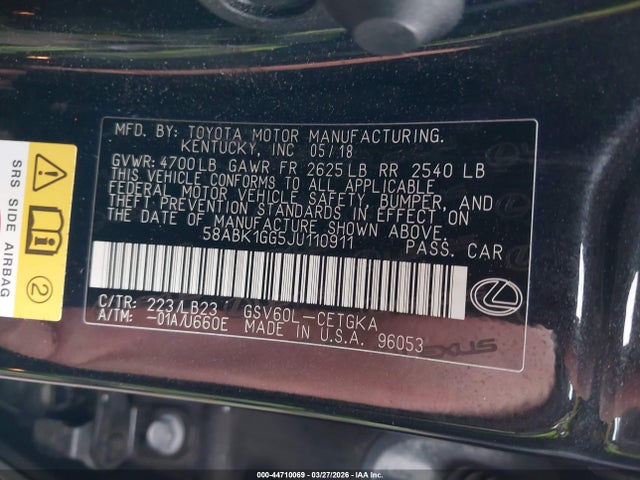 Продаж на аукціоні авто 2018 Lexus Es 350, vin: 58ABK1GG5JU110911, номер лоту: 44710069