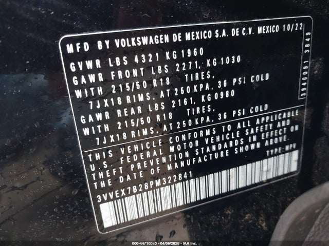 44710080 :رقم المزاد ، 3VVEX7B28PM322841 vin ، 2023 Volkswagen Taos 1.5t Se مزاد بيع