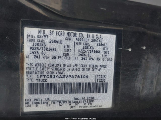 1997 Ford Ranger Xl/xlt მანქანა იყიდება აუქციონზე, vin: 1FTCR14A2VPA76104, აუქციონის ნომერი: 44710087