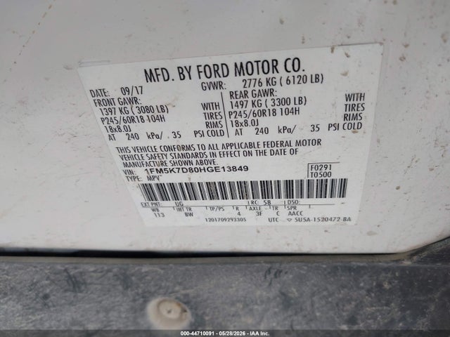 2017 Ford Explorer Xlt მანქანა იყიდება აუქციონზე, vin: 1FM5K7D80HGE13849, აუქციონის ნომერი: 44710091