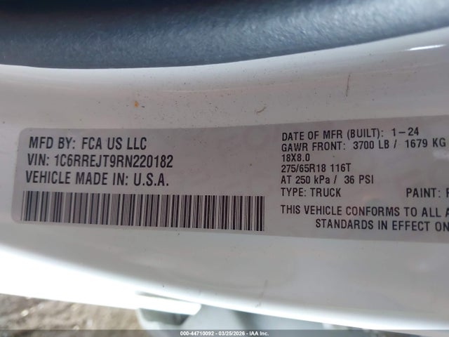 44710092 :رقم المزاد ، 1C6RREJT9RN220182 vin ، 2024 Ram 1500 Laramie  4x2 5'7 Box مزاد بيع
