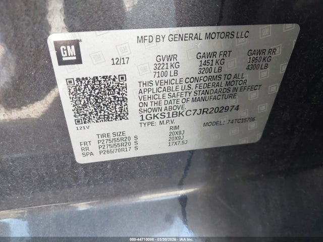 Aukcja sprzedaży 2018 Gmc Yukon Slt, vin: 1GKS1BKC7JR202974, numer aukcji: 44710098