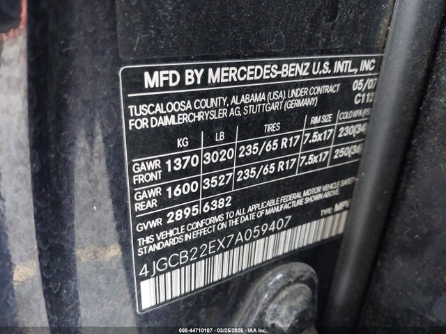 Продаж на аукціоні авто 2007 Mercedes-benz R 320 Cdi 4matic, vin: 4JGCB22EX7A059407, номер лоту: 44710107