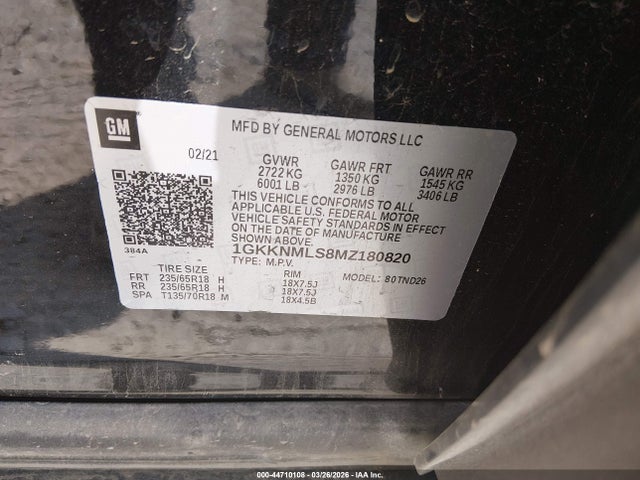 Aukcja sprzedaży 2021 Gmc Acadia Fwd Slt, vin: 1GKKNMLS8MZ180820, numer aukcji: 44710108