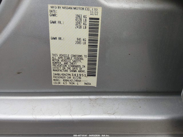 Продаж на аукціоні авто 2023 Nissan Altima Sv Fwd, vin: 1N4BL4DV2PN341951, номер лоту: 44710141