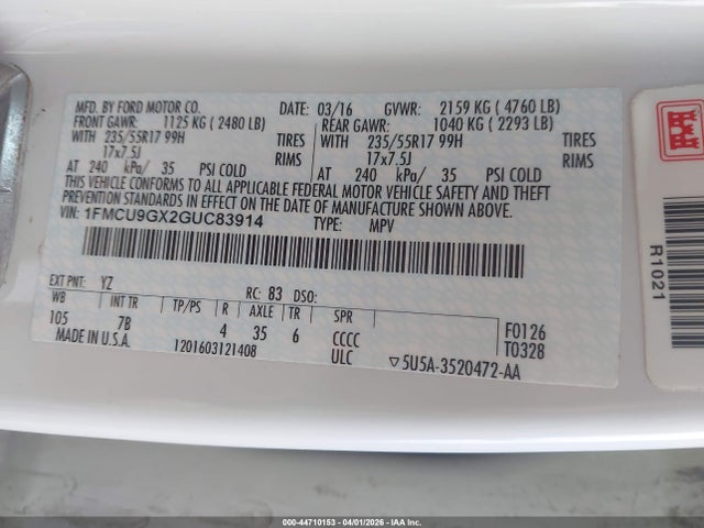2016 Ford Escape Se მანქანა იყიდება აუქციონზე, vin: 1FMCU9GX2GUC83914, აუქციონის ნომერი: 44710153
