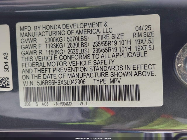 44710166 :رقم المزاد ، 5J6RS6H9XSL042906 vin ، 2025 Honda Cr-v Hybrid Sport Touring مزاد بيع