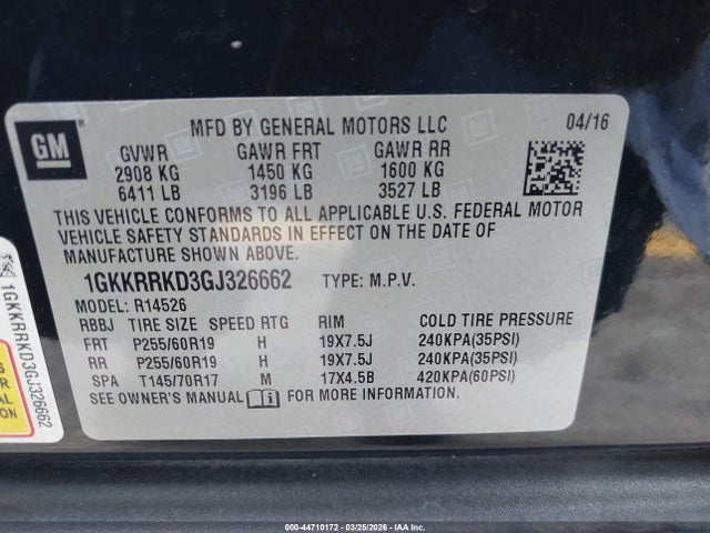 Aukcja sprzedaży 2016 Gmc Acadia Slt-1, vin: 1GKKRRKD3GJ326662, numer aukcji: 44710172