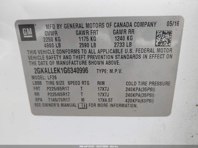 Aukcja sprzedaży 2016 Gmc Terrain Sl, vin: 2GKALLEK1G6340996, numer aukcji: 44710187