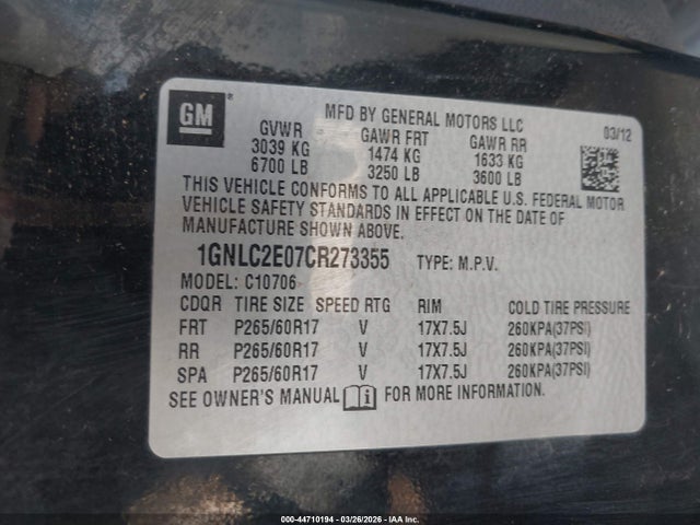 44710194 :رقم المزاد ، 1GNLC2E07CR273355 vin ، 2012 Chevrolet Tahoe Commercial Fleet مزاد بيع