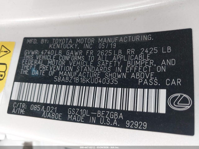 Продажа на аукционе авто 2019 Lexus Es 350, vin: 58ABZ1B16KU040335, номер лота: 44710212
