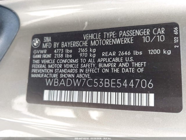 Aukcja sprzedaży 2011 Bmw 328i, vin: WBADW7C53BE544706, numer aukcji: 44710216