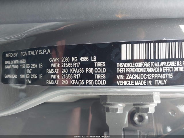 Auction sale of the 2023 Jeep Renegade Trailhawk 4x4, vin: ZACNJDC12PPP40715, lot number: 44710238