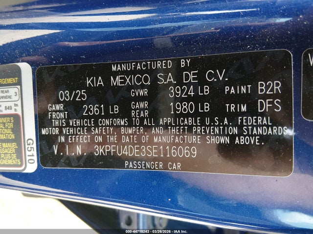 2025 Kia K4 Ex მანქანა იყიდება აუქციონზე, vin: 3KPFU4DE3SE116069, აუქციონის ნომერი: 44710243
