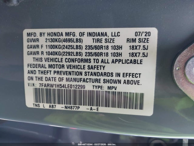 Продажа на аукционе авто 2020 Honda Cr-v 2wd Ex, vin: 7FARW1H54LE012299, номер лота: 44710244