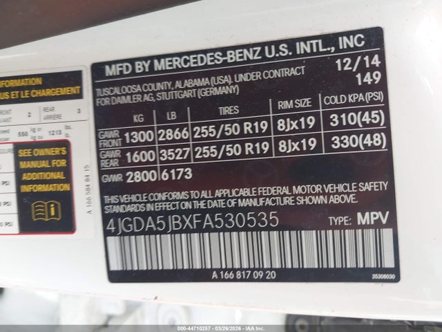 Aukcja sprzedaży 2015 Mercedes-benz Ml 350, vin: 4JGDA5JBXFA530535, numer aukcji: 44710257