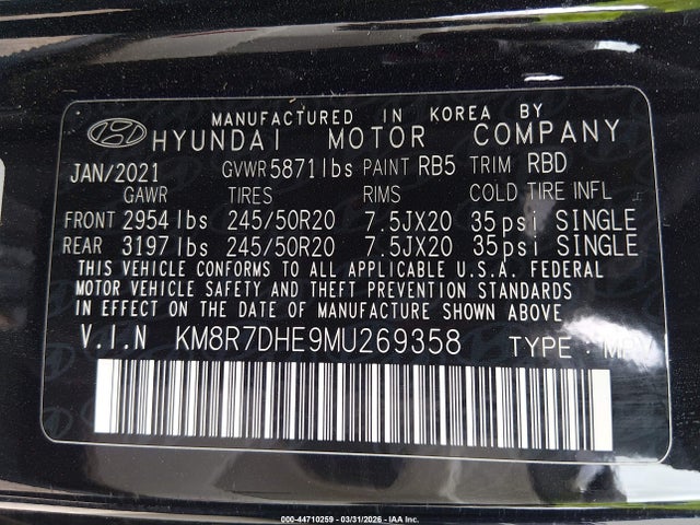 2021 Hyundai Palisade Calligraphy მანქანა იყიდება აუქციონზე, vin: KM8R7DHE9MU269358, აუქციონის ნომერი: 44710259