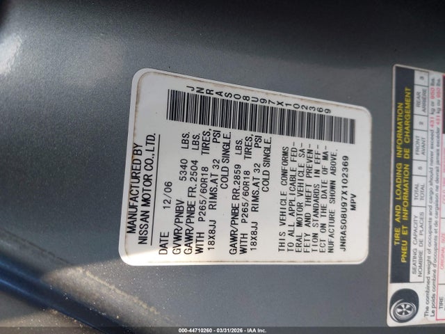 Aukcja sprzedaży 2007 Infiniti Fx35, vin: JNRAS08U97X102369, numer aukcji: 44710260
