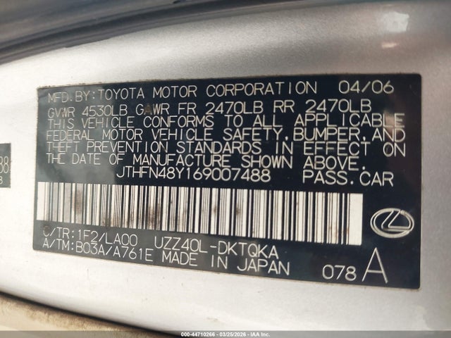 Aukcja sprzedaży 2006 Lexus Sc 430, vin: JTHFN48Y169007488, numer aukcji: 44710266